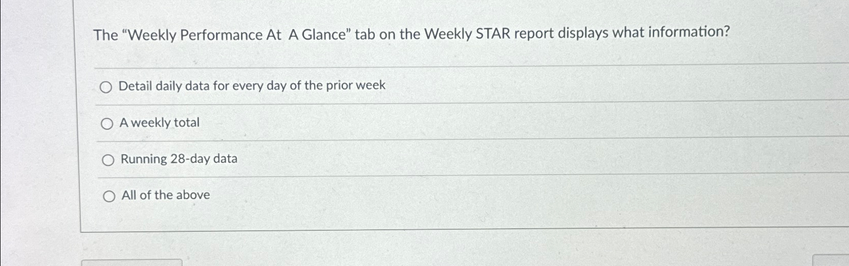 The "Weekly Performance At A Glance" tab on the Weekly STAR