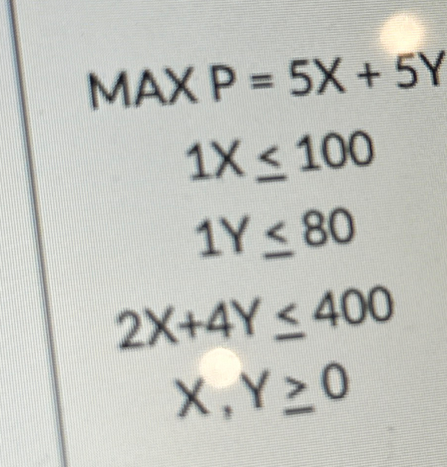  MAxP=5x+5Y 1x100 1Y80 2x+4Y400 x,Y0 