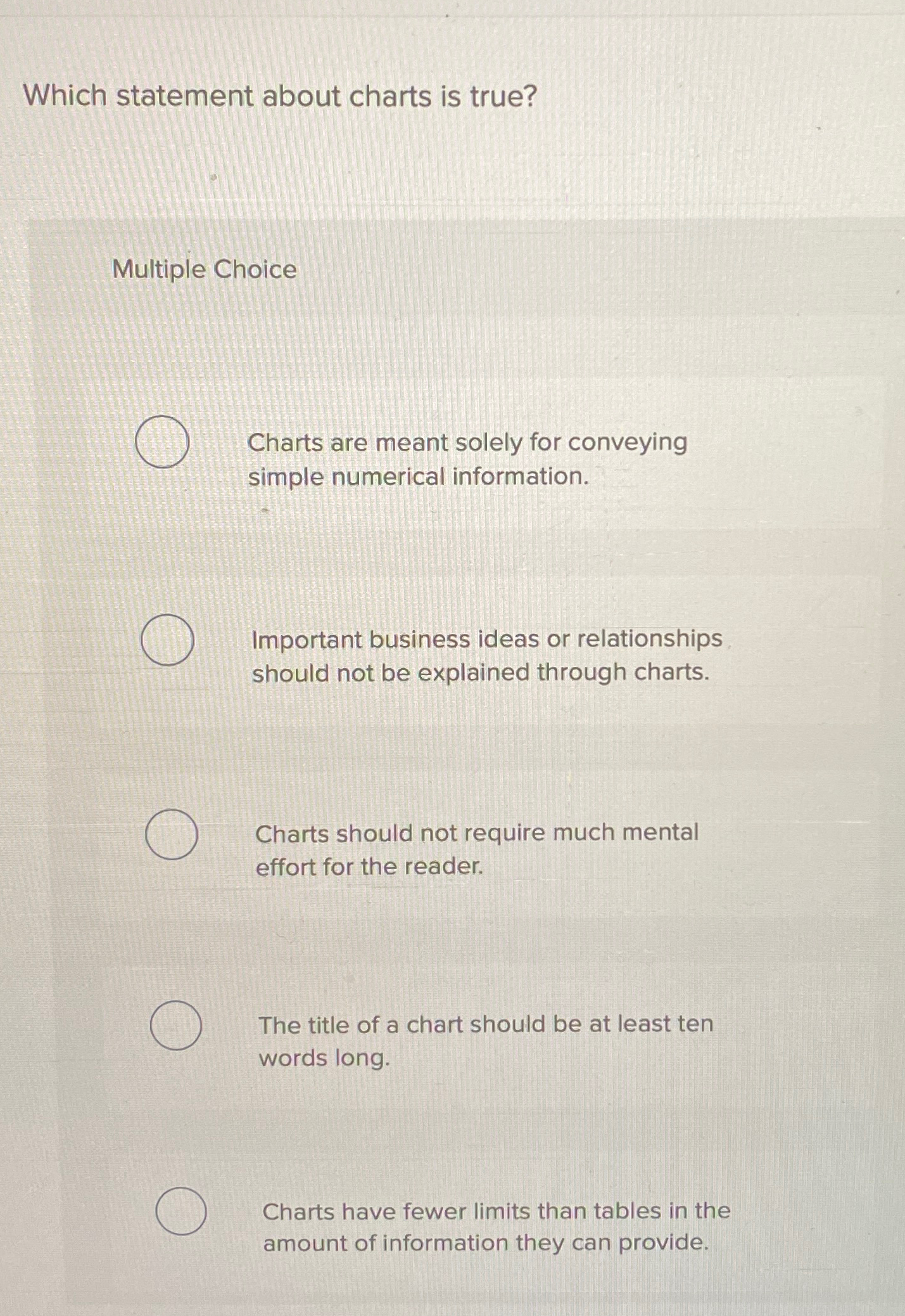  Which statement about charts is true? Multiple Choice Charts are meant