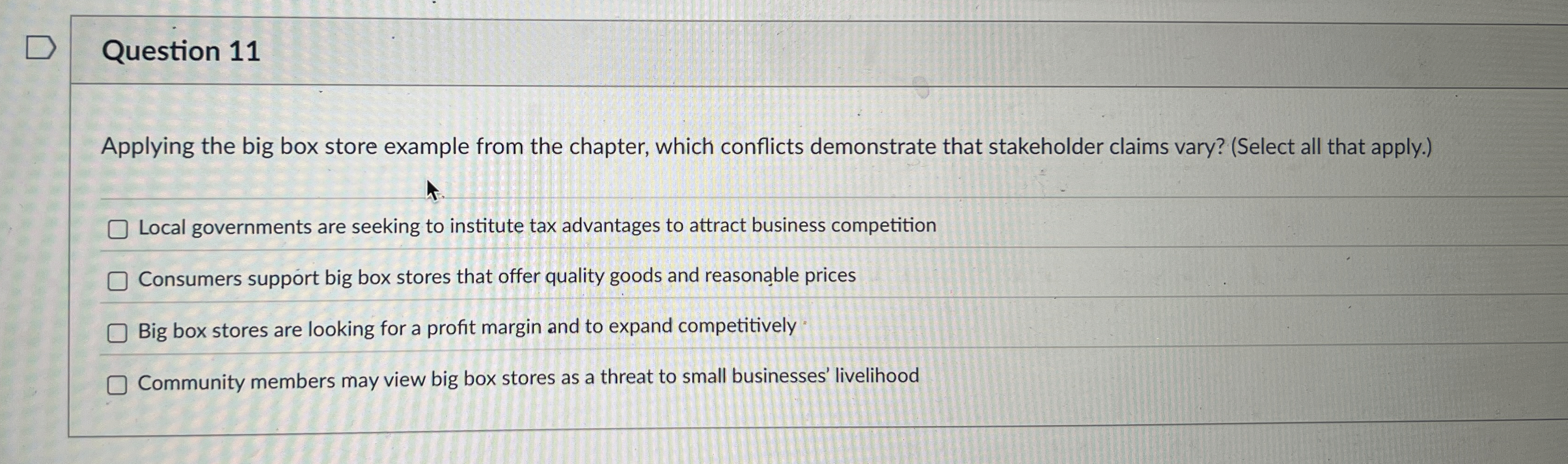  Question 11 Applying the big box store example from the chapter,