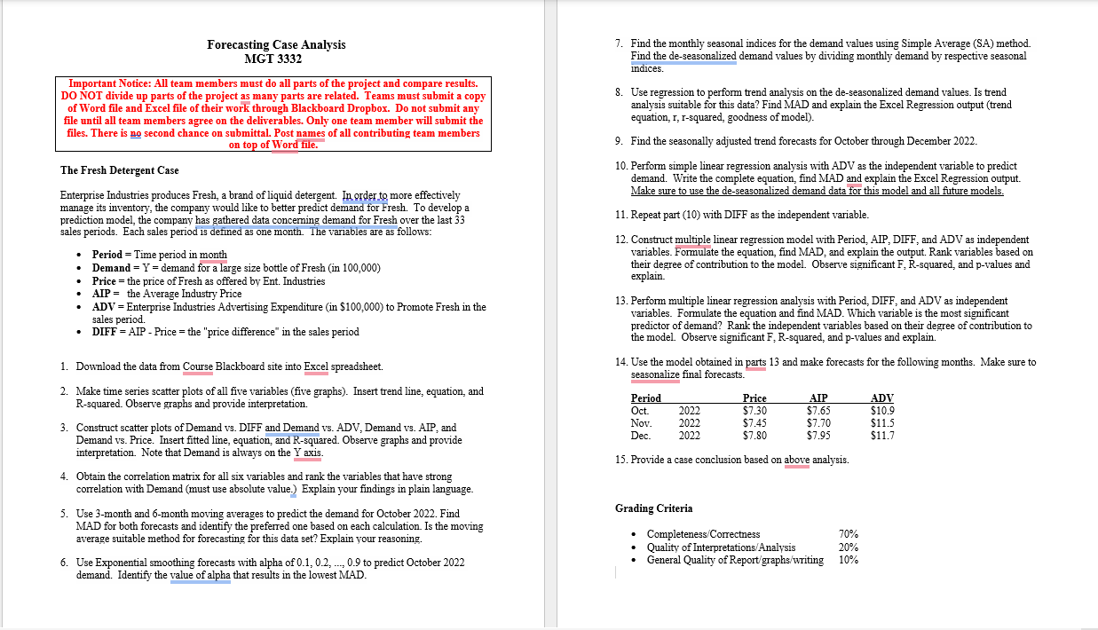  Forecasting Case Analysis MGT 3332 Important Notice: All team members must