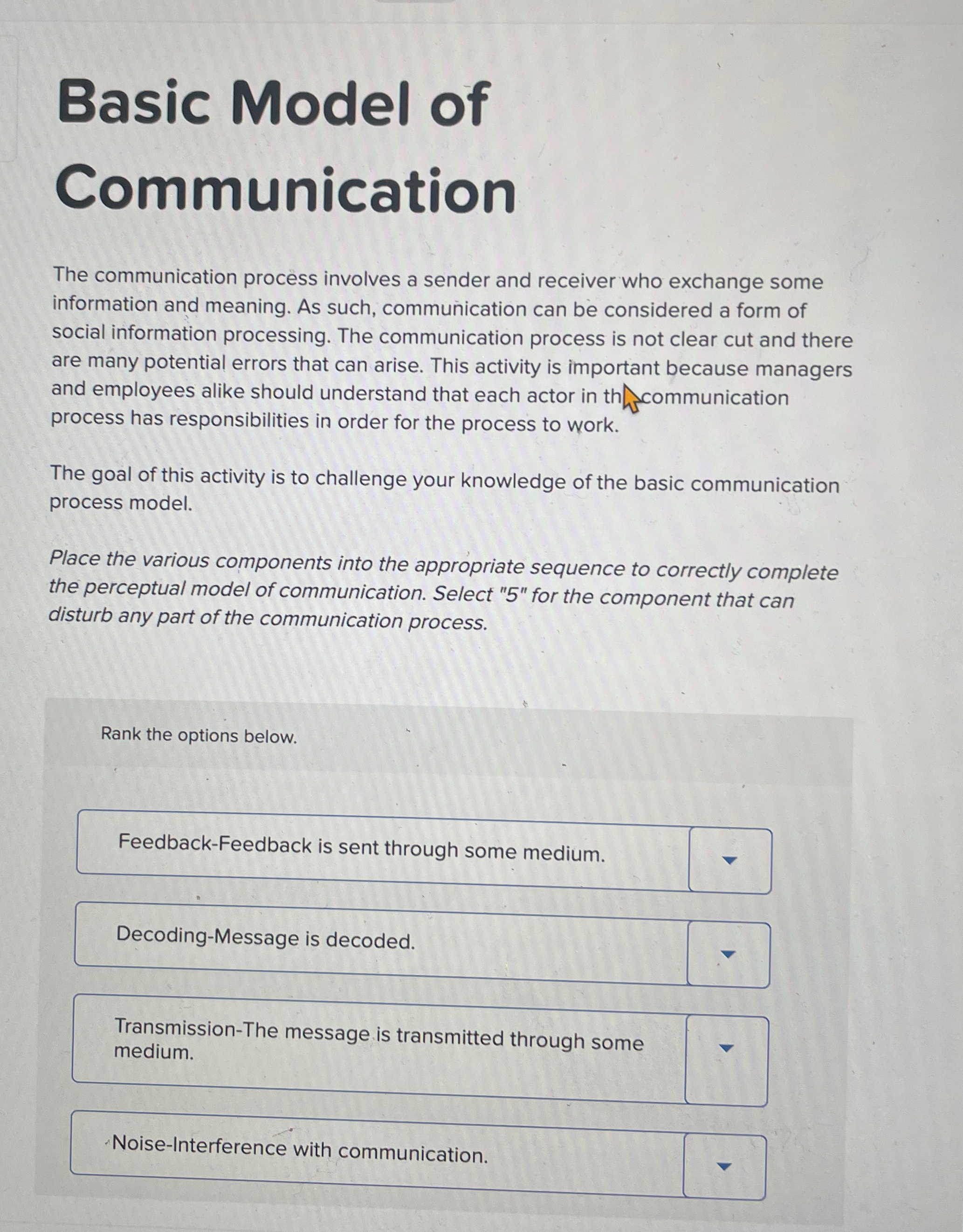  Basic Model of Communication The communication process involves a sender and