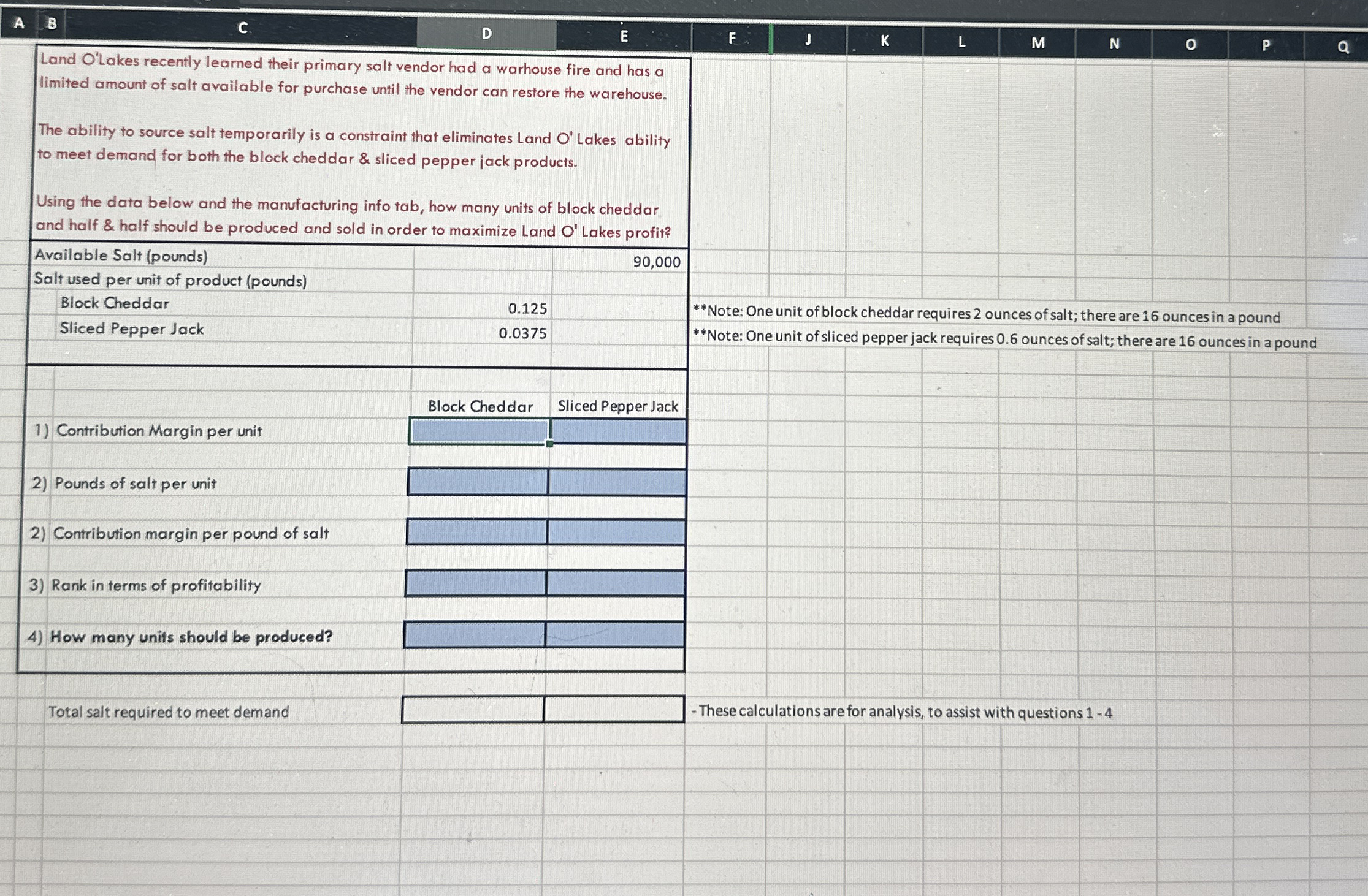  Land O'Lakes recently learned their primary salt vendor had a warhouse