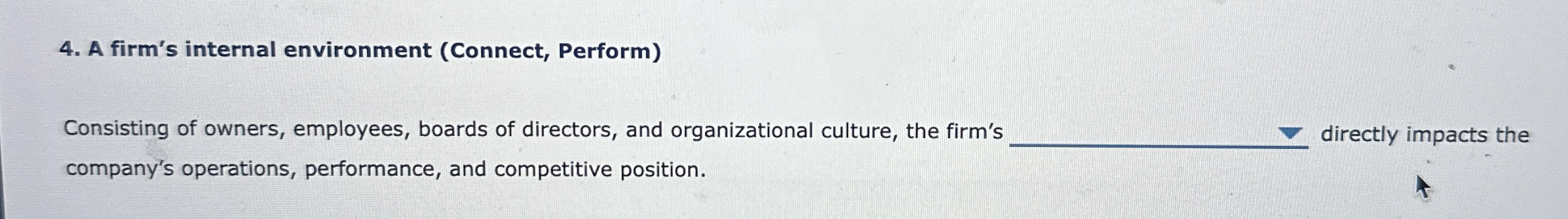  A firm's internal environment (Connect, Perform) Consisting of owners, employees, boards
