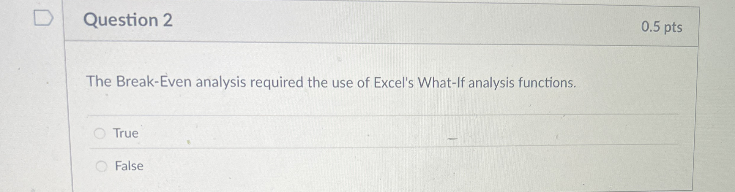  Question 2 The Break-Even analysis required the use of Excel's What-If