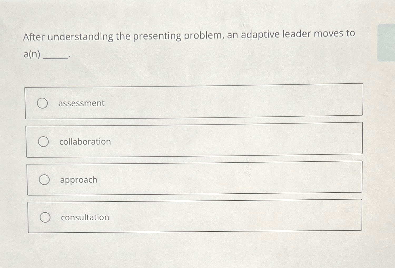  After understanding the presenting problem, an adaptive leader moves to a(n)