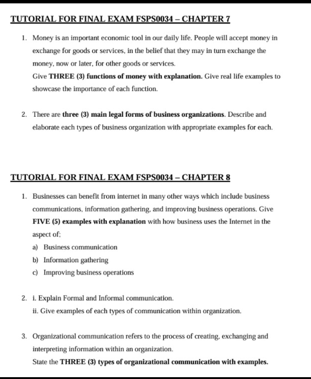  TUTORIAL FOR FINAL EXAM FSPS0034- CHAPTER 7 Money is an important