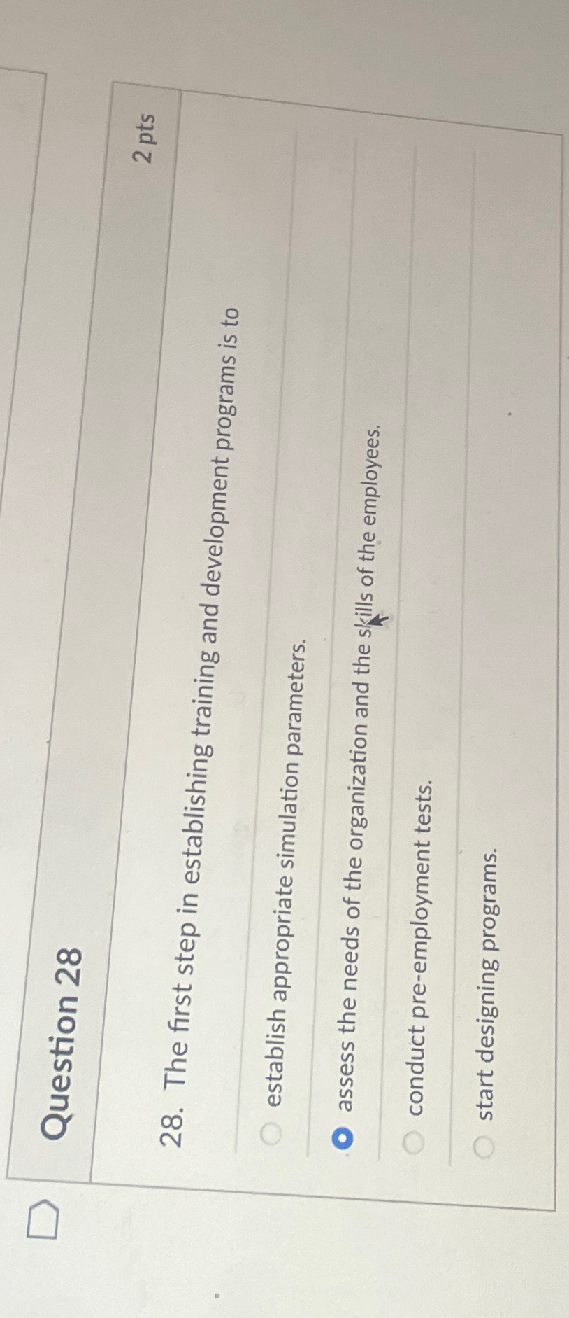  Question 28 2 pts 28. The first step in establishing training