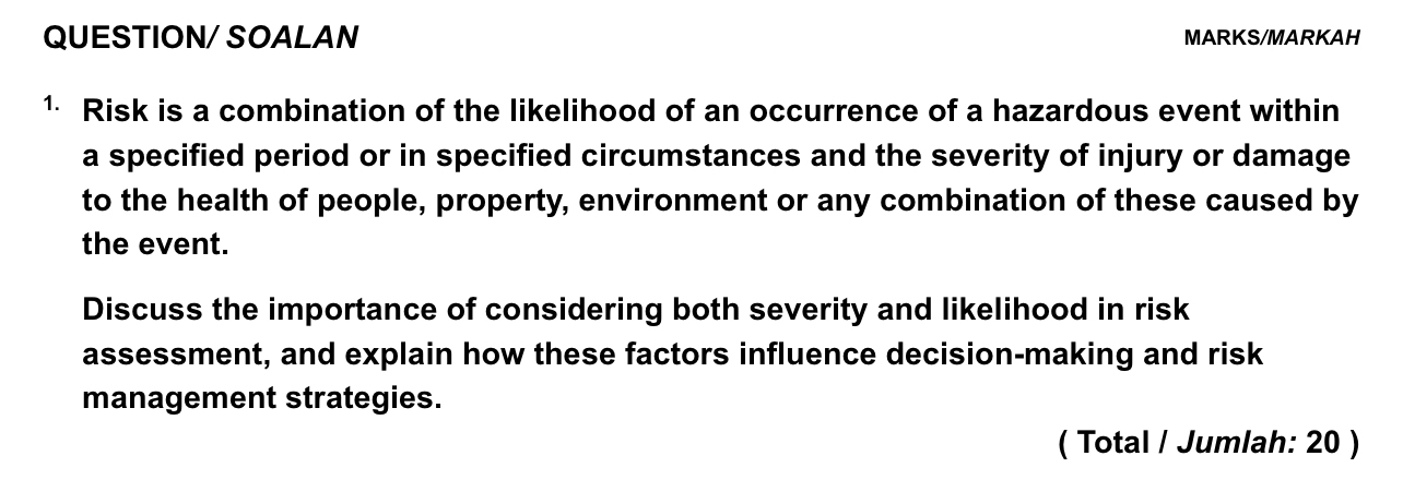  QUESTION/ SOALAN MARKS/MARKAH Risk is a combination of the likelihood of
