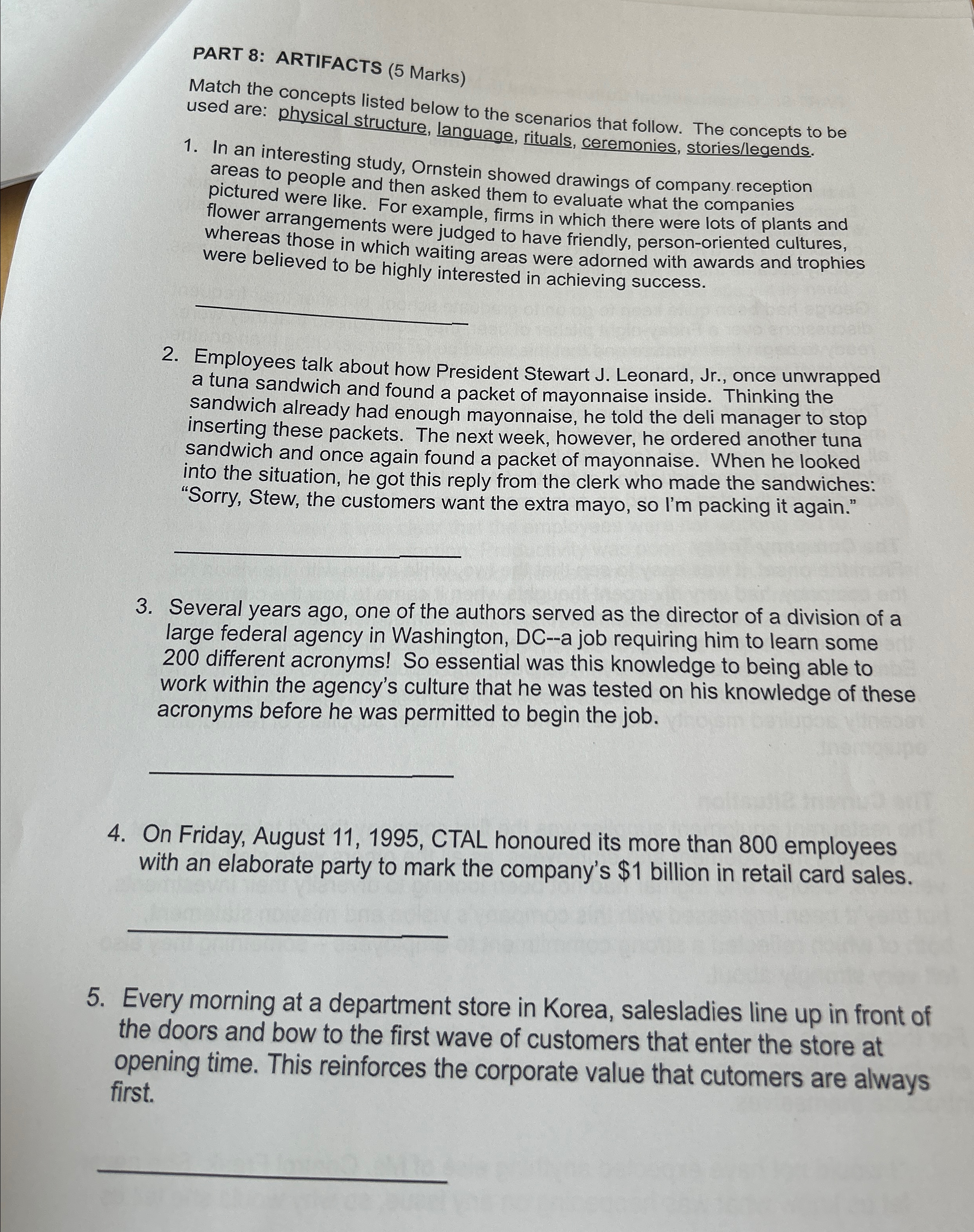  PART 8: ARTIFACTS (5 Marks) Match the concepts listed below to