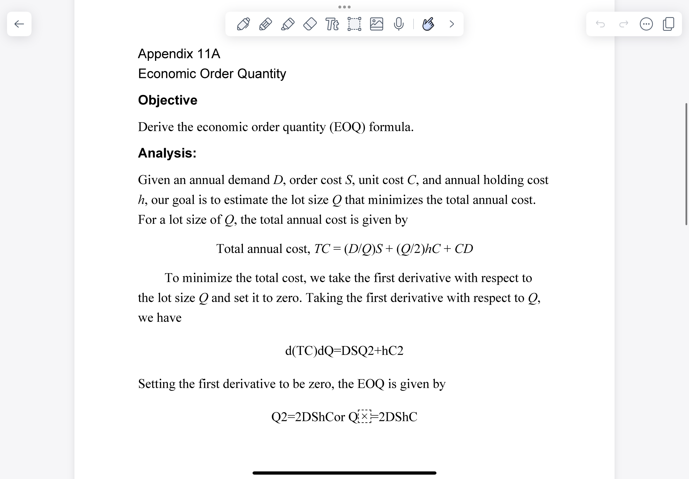  Appendix 11A Economic Order Quantity Objective Derive the economic order quantity
