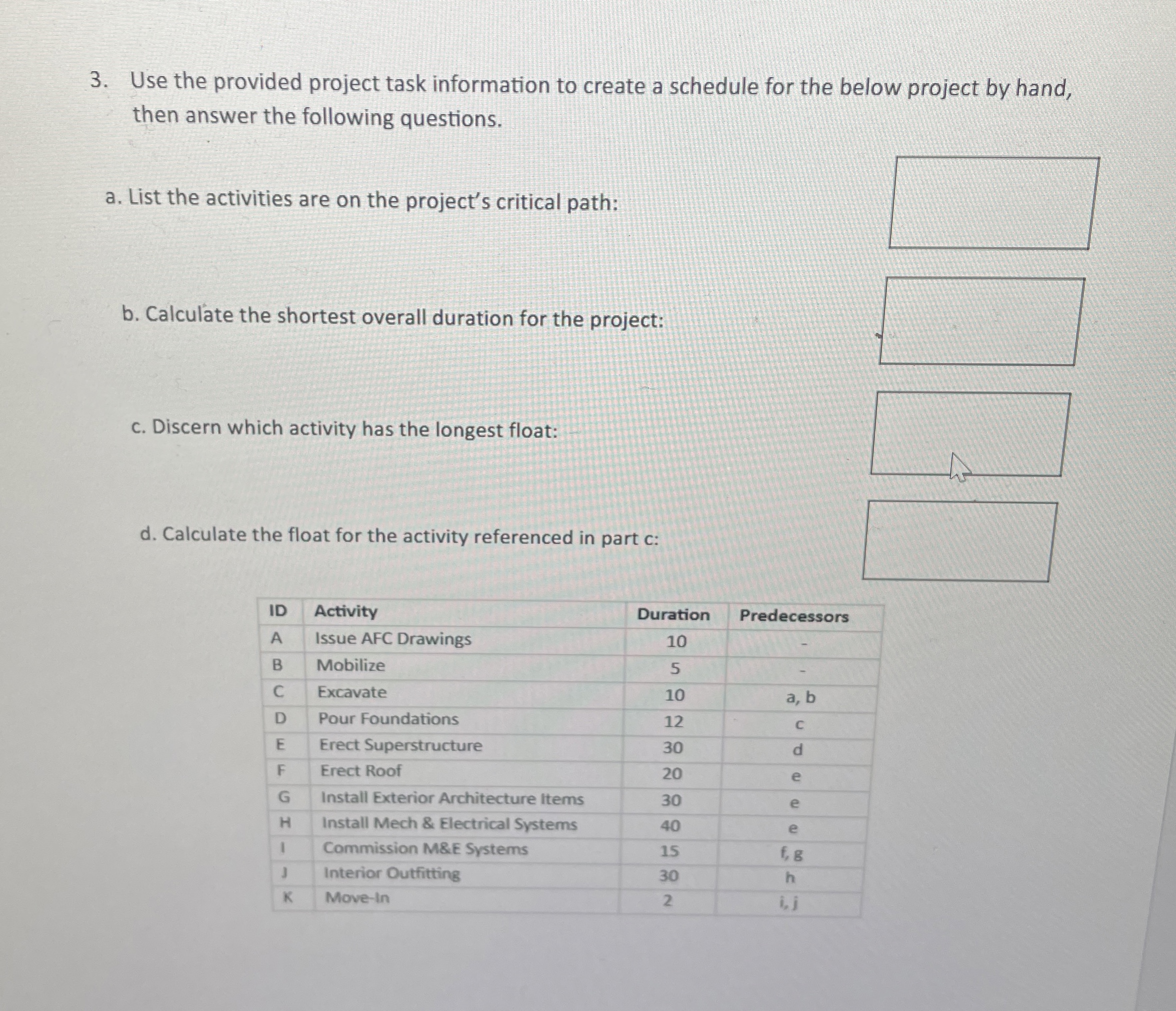  Use the provided project task information to create a schedule for