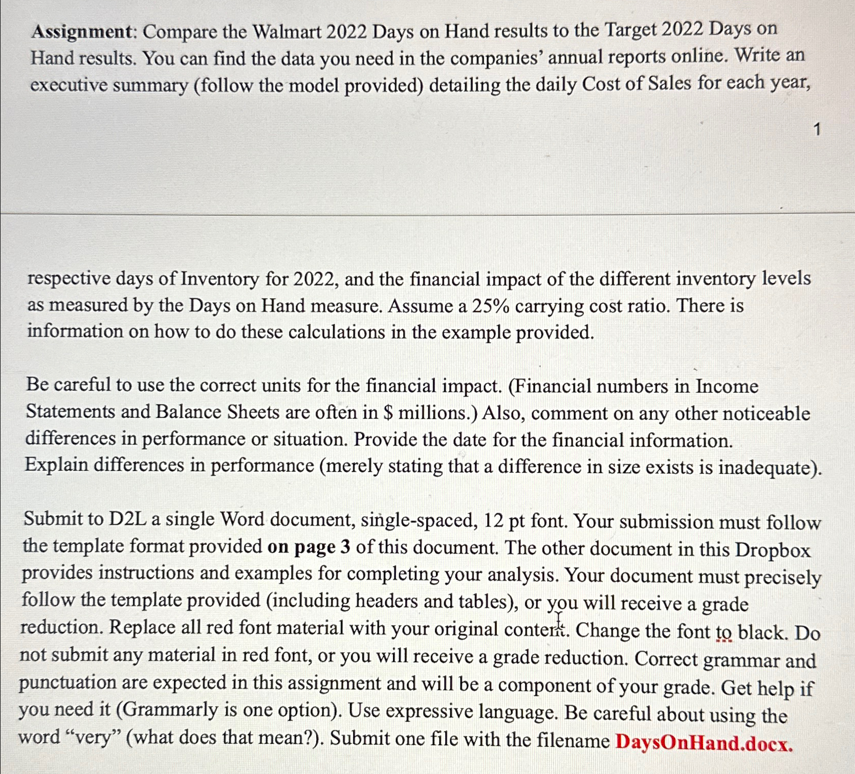  Assignment: Compare the Walmart 2022 Days on Hand results to the