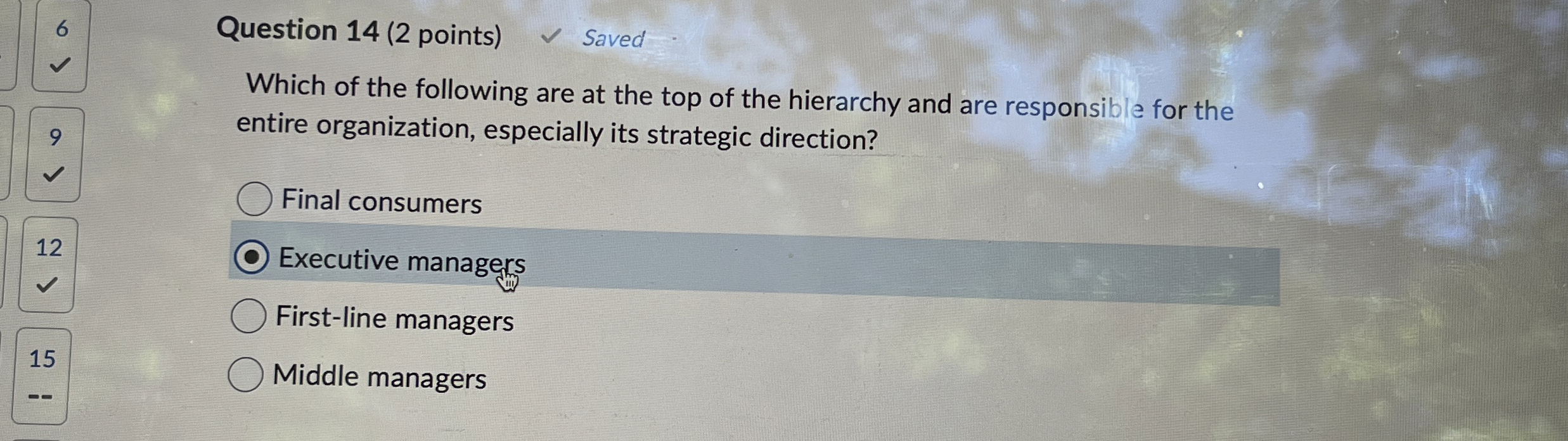  6, Question 14(2 points) Which of the following are at the