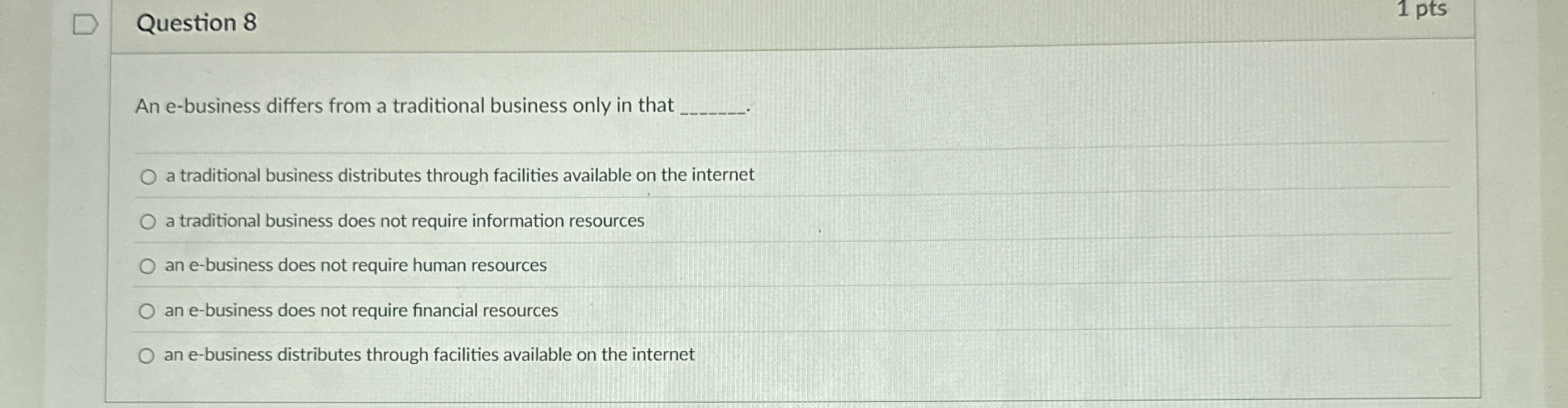  Question 8 An e-business differs from a traditional business only in