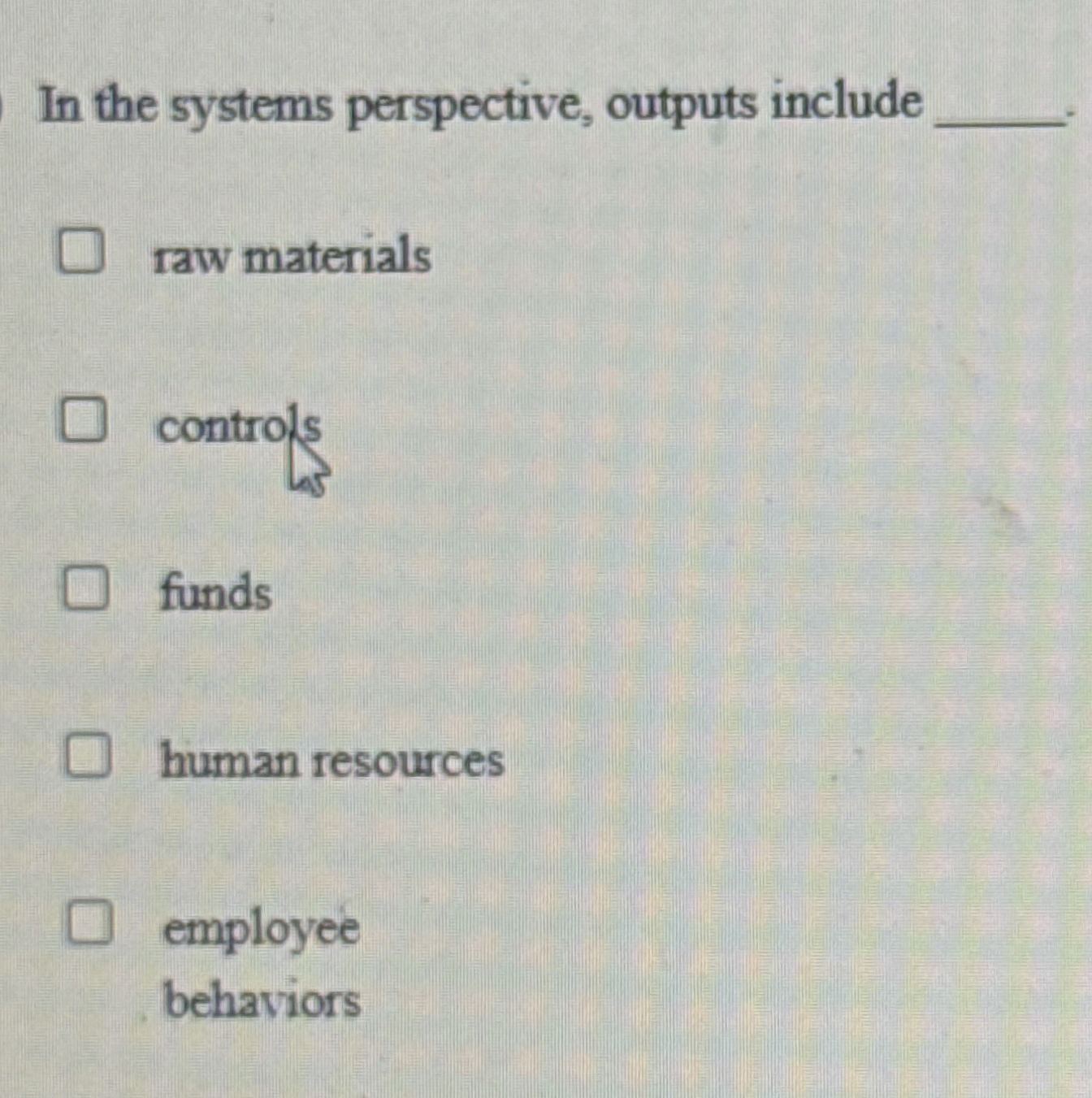  In the systems perspective, outputs include: raw materials controls funds human