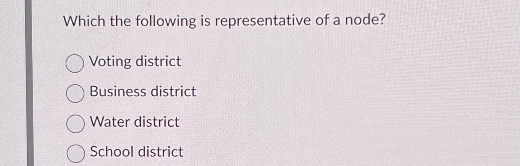  Which the following is representative of a node? Voting district Business