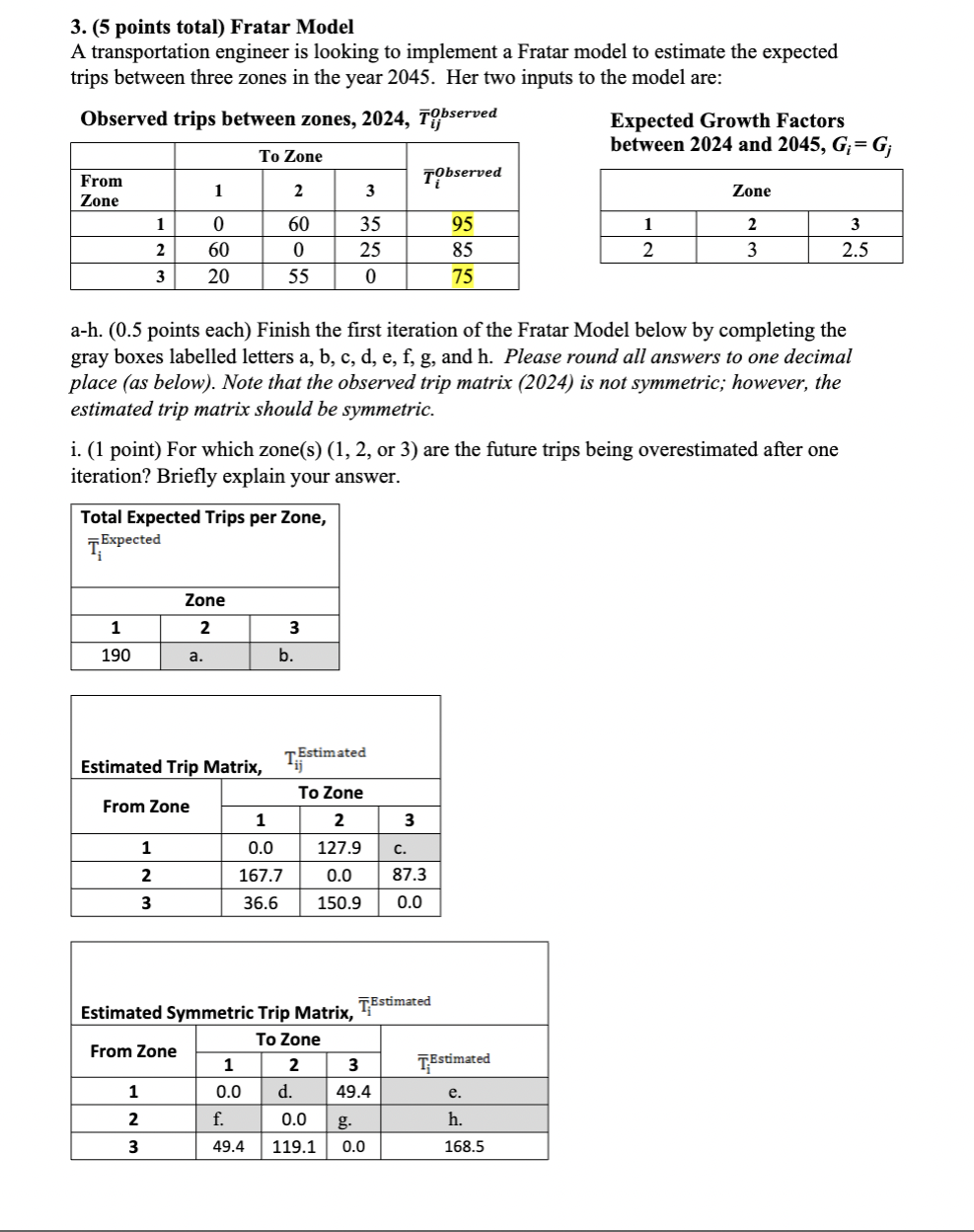  3.(5 points total) Fratar Model A transportation engineer is looking to
