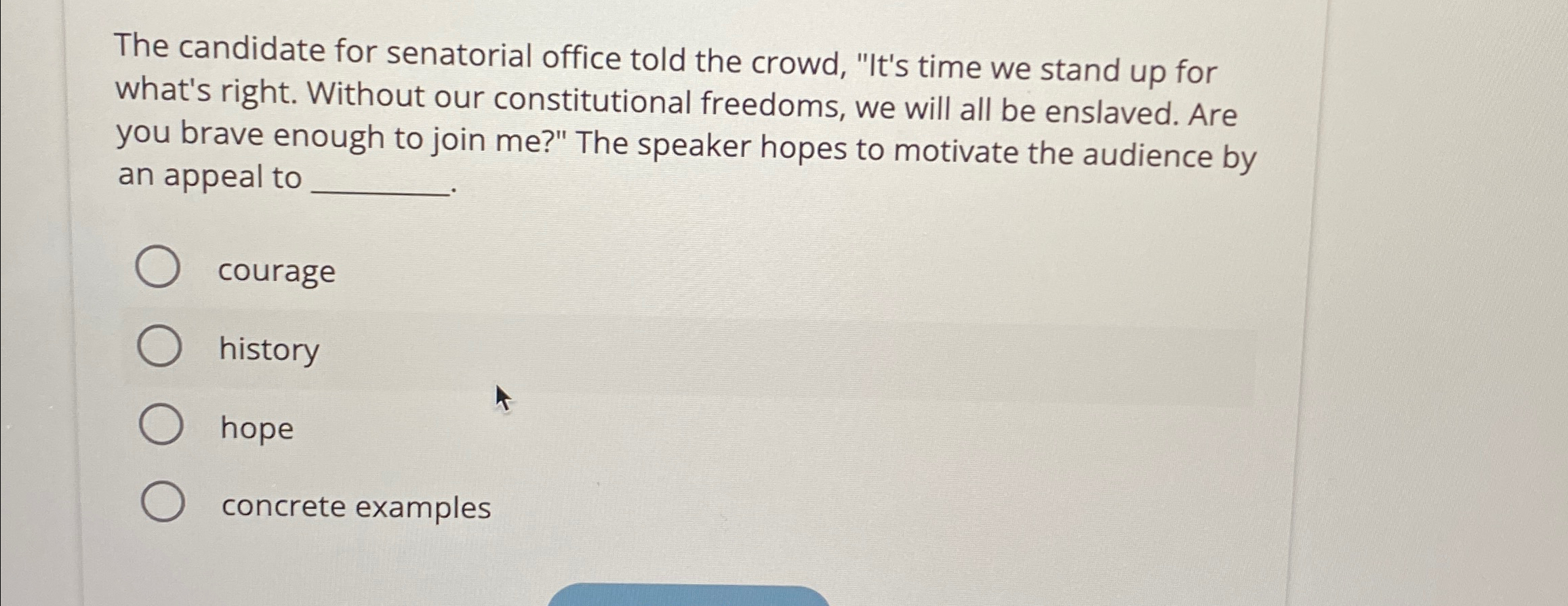  The candidate for senatorial office told the crowd, "It's time we