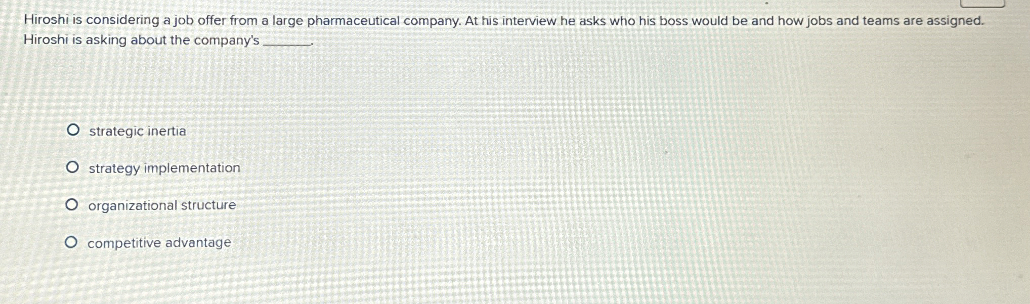  Hiroshi is considering a job offer from a large pharmaceutical company.