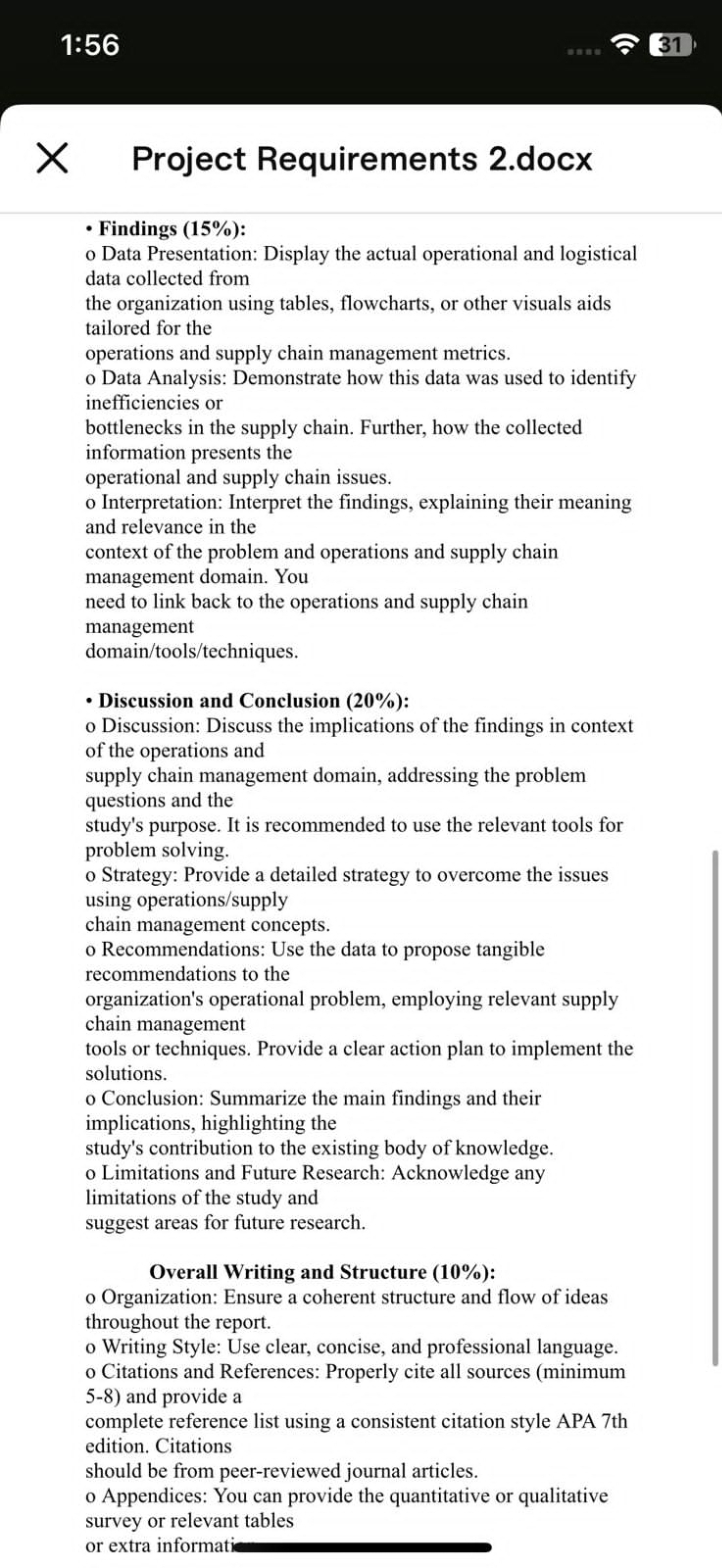  Findings (15%): o Data Presentation: Display the actual operational and logistical