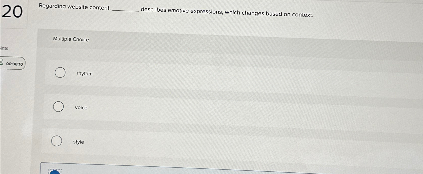  20 Regarding website content, describes emotive expressions, which changes based on