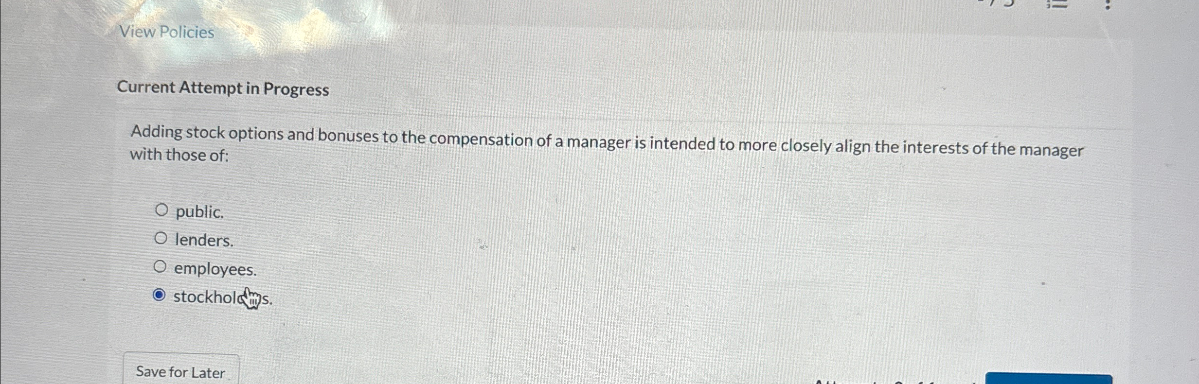  View Policies Current Attempt in Progress Adding stock options and bonuses