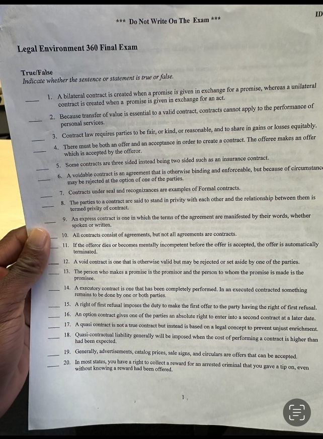  *** Do Not Write On The Exam *** Legal Environment 360