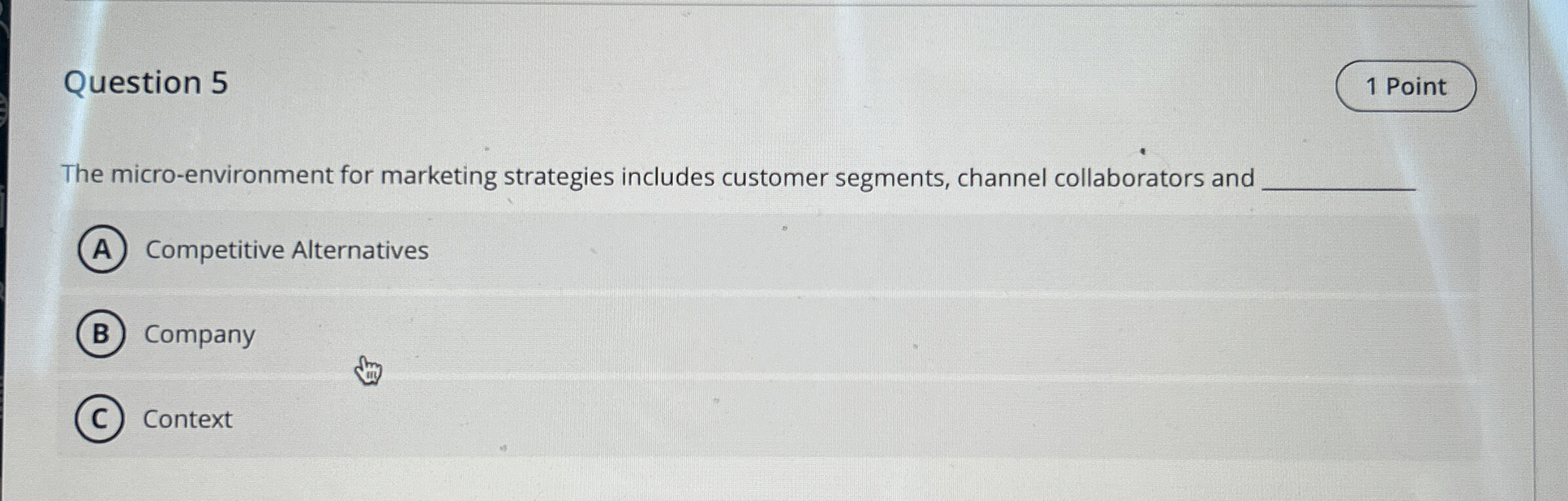  Question 5 The micro-environment for marketing strategies includes customer segments, channel