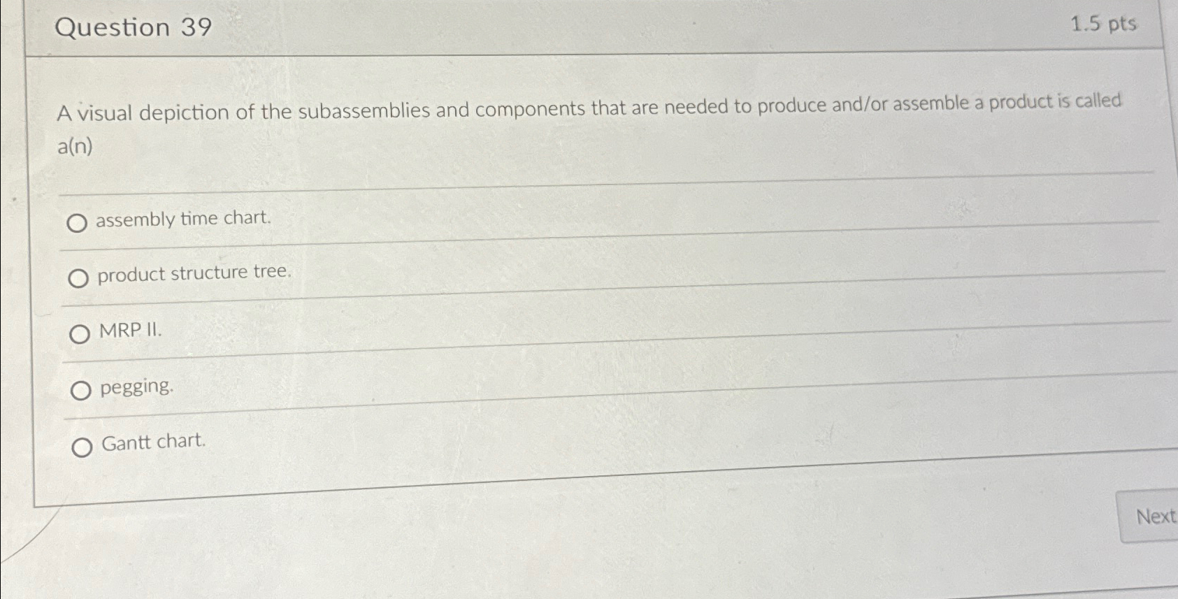  Question 39 1.5pts A visual depiction of the subassemblies and components