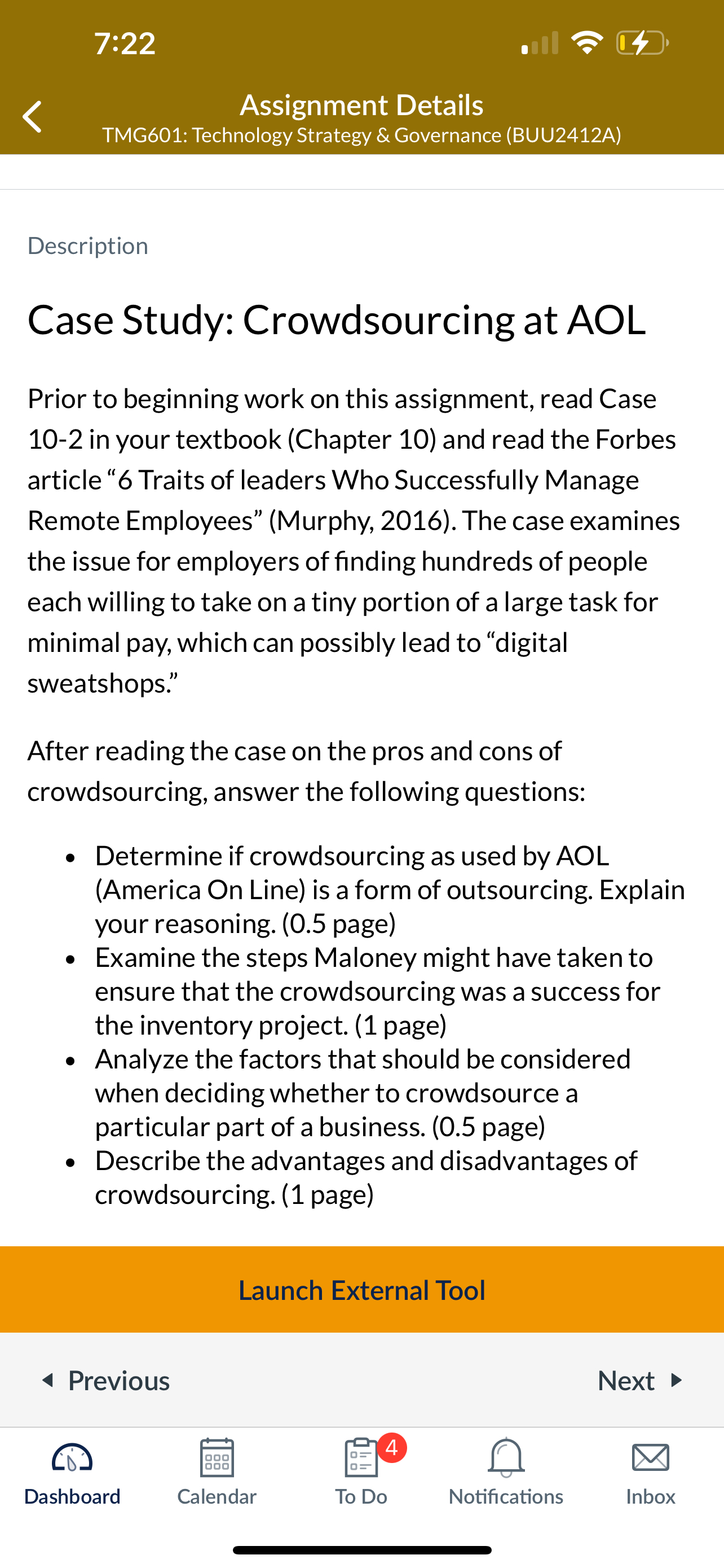  7:22 4 Assignment Details TMG601: Technology Strategy & Governance (BUU2412A) Description