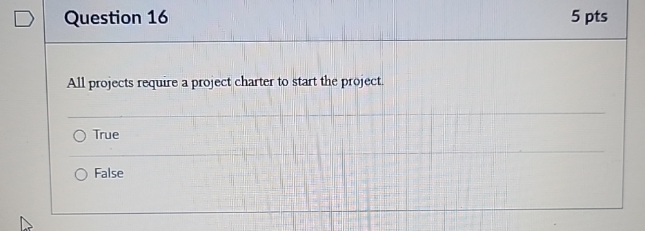  Question 16 5 pts All projects require a project charter to