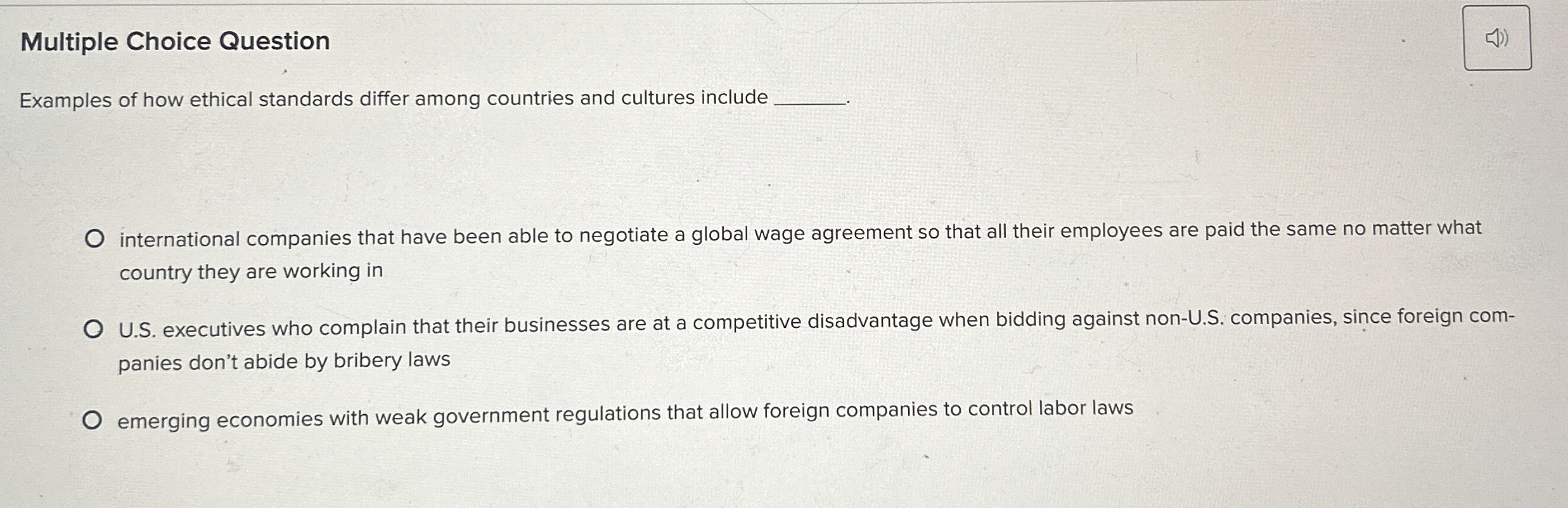  Multiple Choice Question Examples of how ethical standards differ among countries