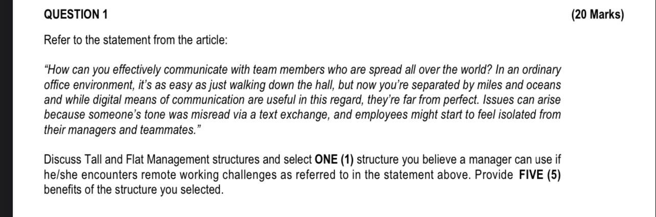  QUESTION 1 (20 Marks) Refer to the statement from the article: