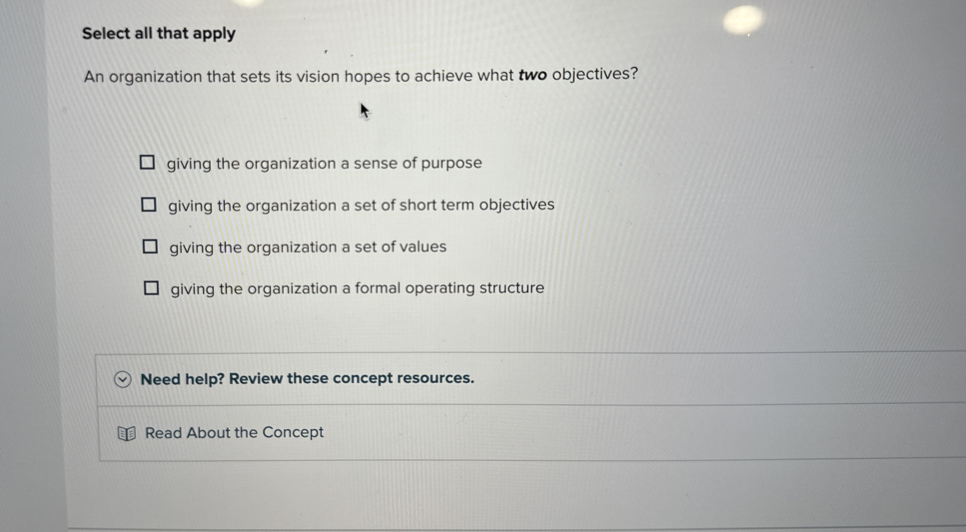  Select all that apply An organization that sets its vision hopes