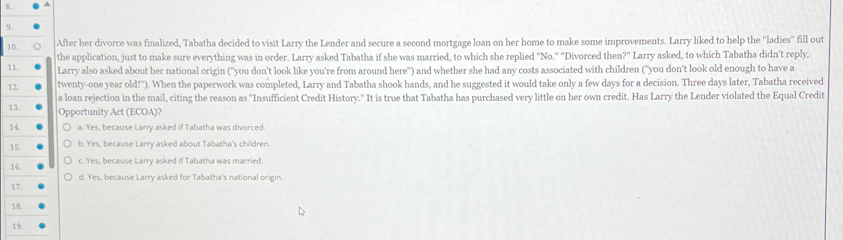  e a. Yes, because Larry asked if Tabatha was divorced. After