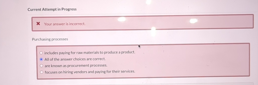  Current Attempt in Progress X Your answer is incorrect. Purchasing processes