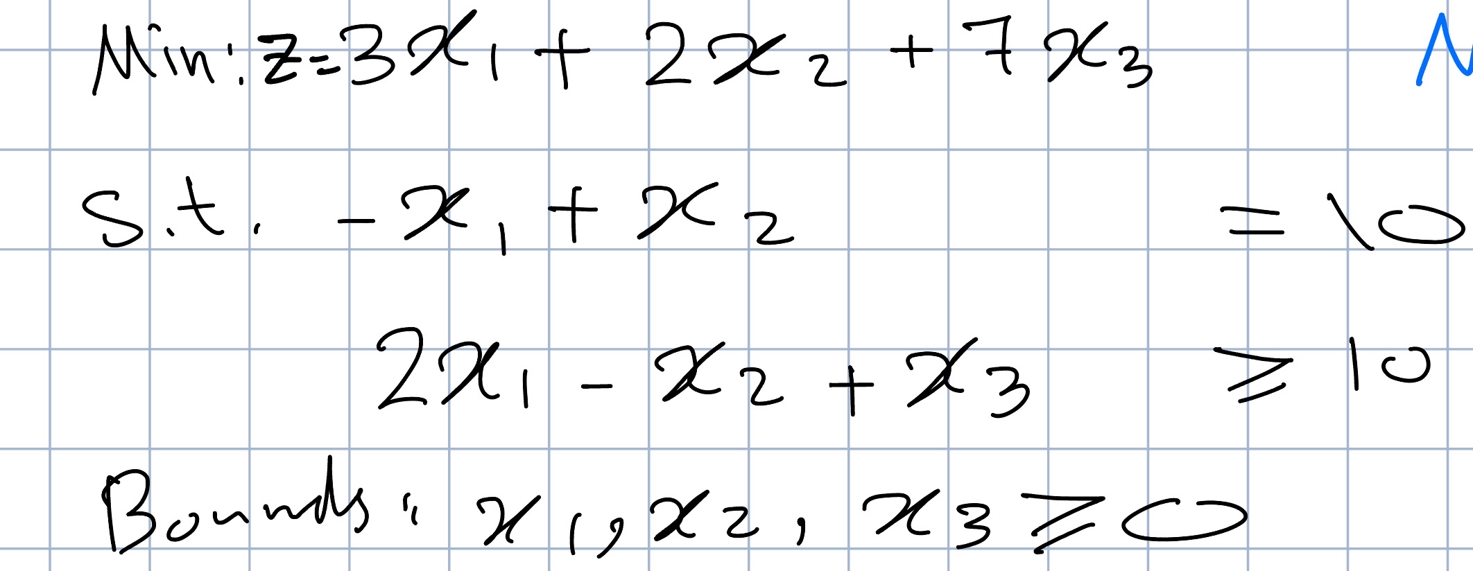  Use two phase metods to solve this problem: Min: z=3x1+2x2+7x3 s.t.