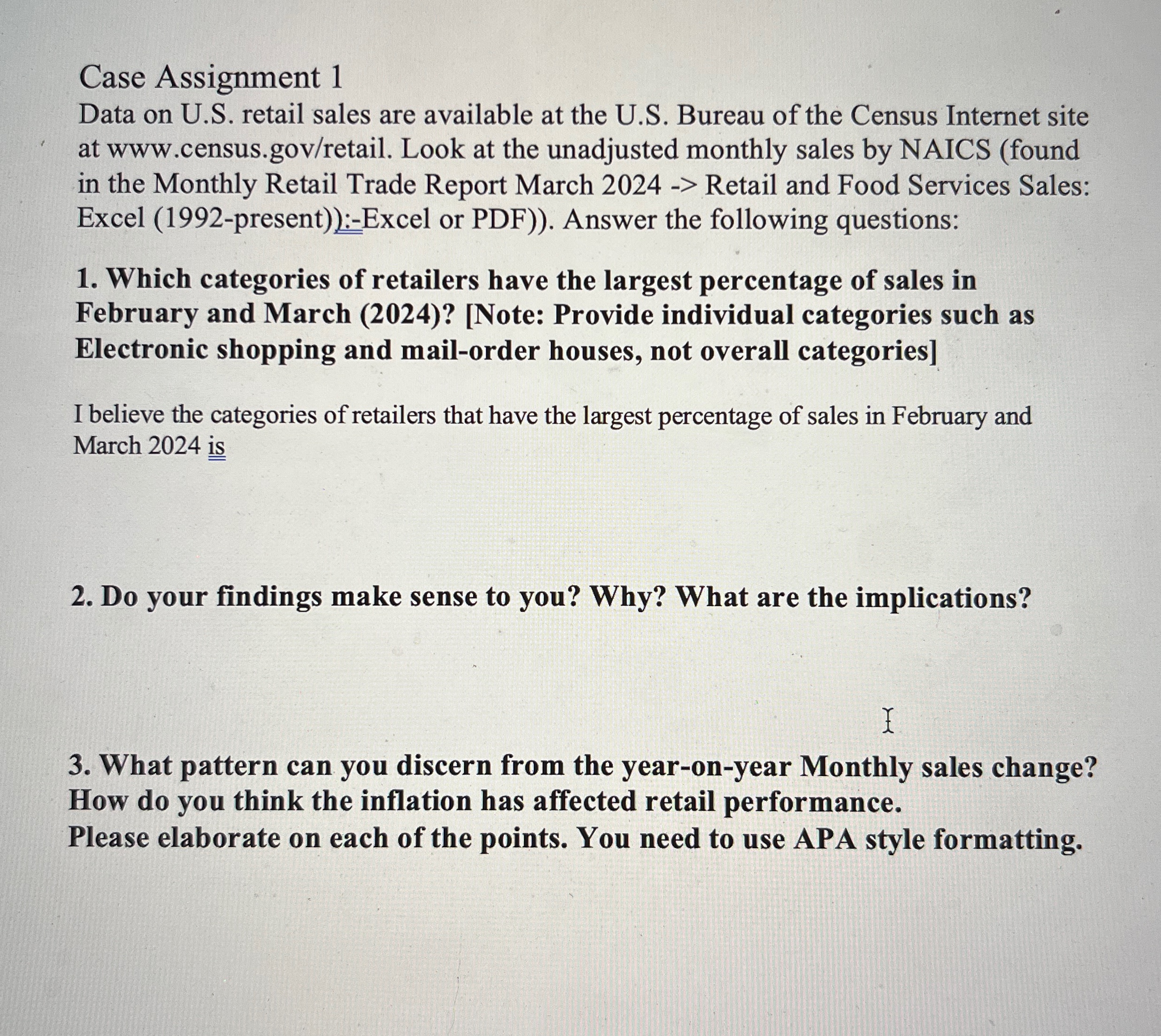  Case Assignment 1 Data on U.S. retail sales are available at