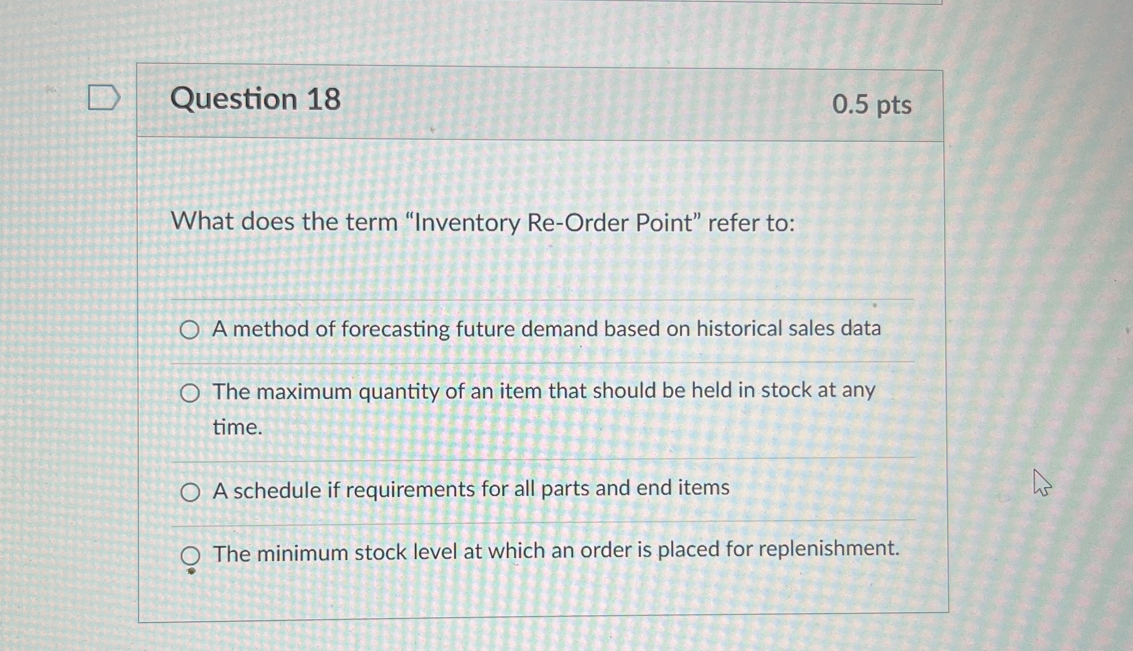  Question 18 0.5pts What does the term "Inventory Re-Order Point" refer