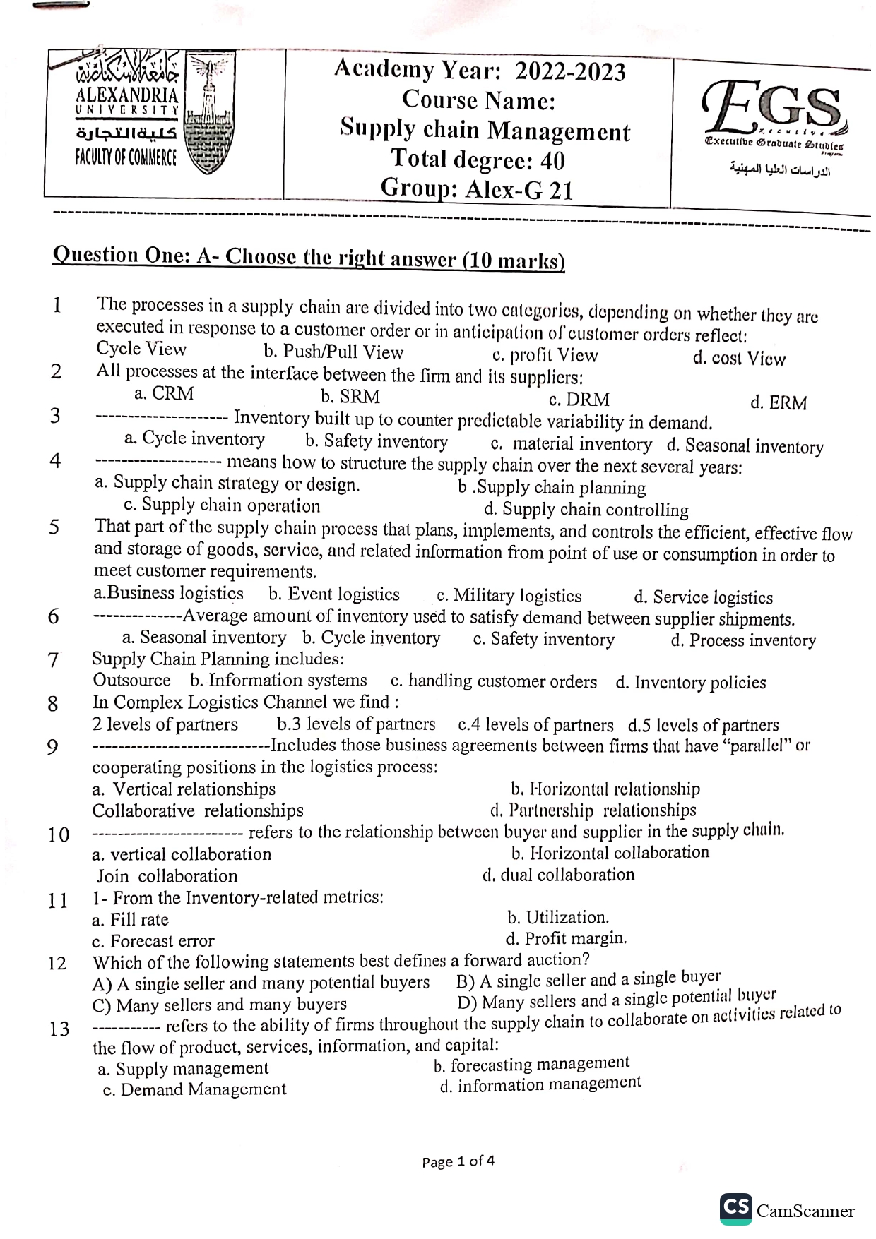  Question One: A- Choose the right answer (10 marks) 1 The