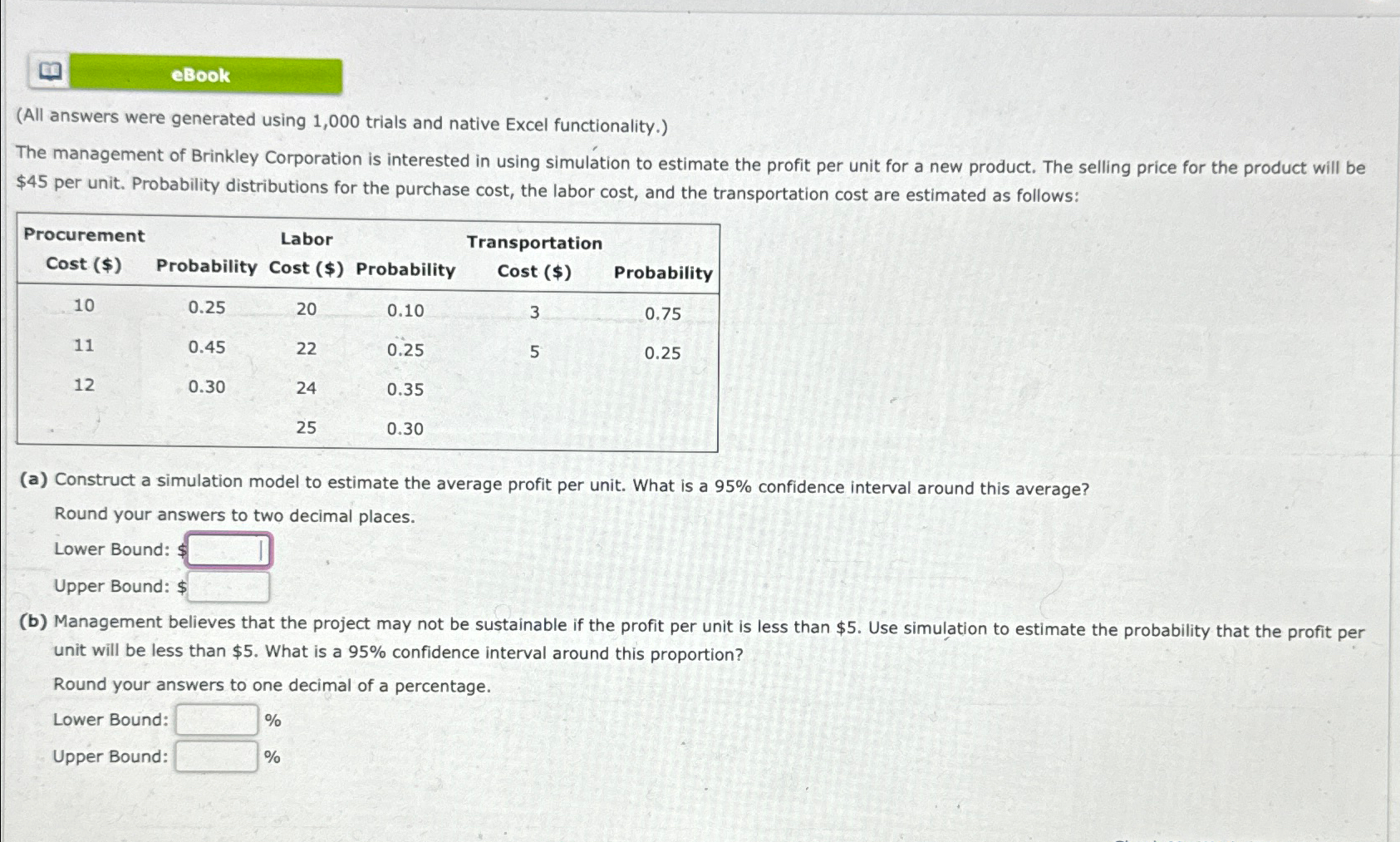  eBook (All answers were generated using 1,000 trials and native Excel