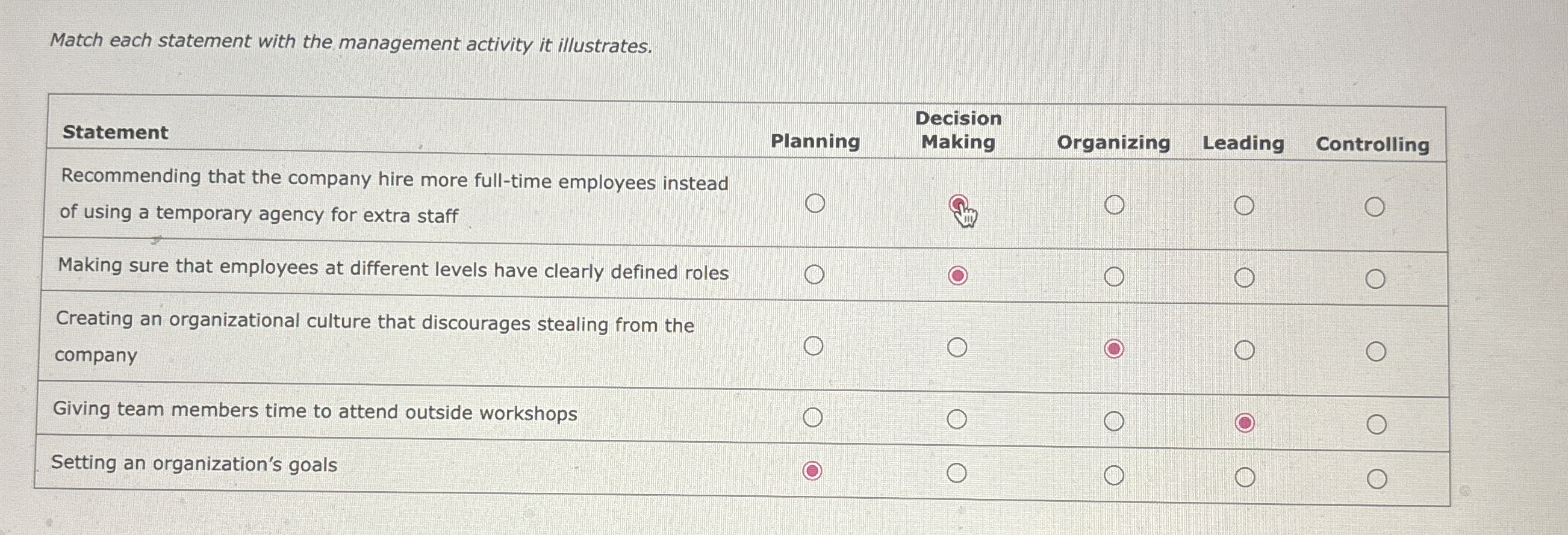 Match each statement with the management activity it illustrates. \table[[Statement,Planning,\table[[Decision],[Making]],Organizing,Leading,Controlling],[\table[[Recommending that