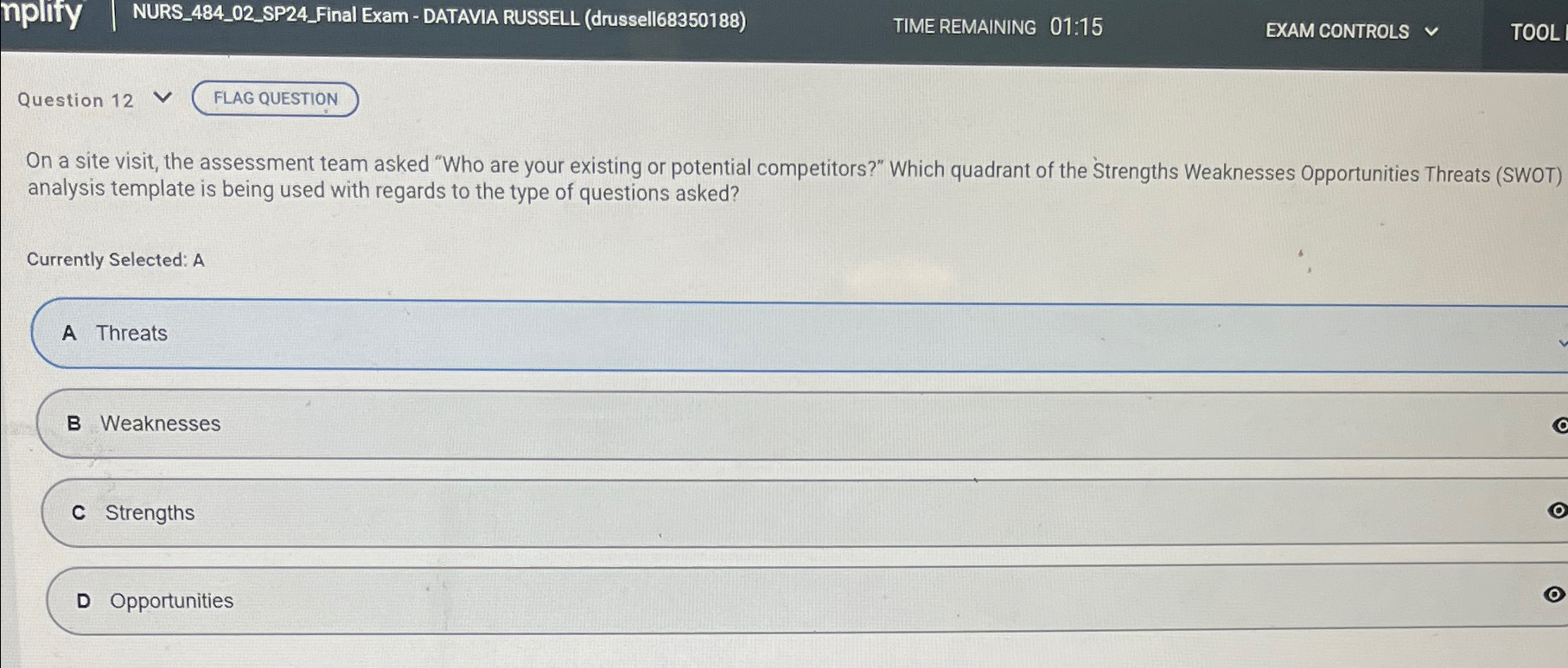  NURS_484_02_SP24_Final Exam - DATAVIA RUSSELL (drussell68350188) TIMEREMAINING 01:15 EXAM CONTROLS vv