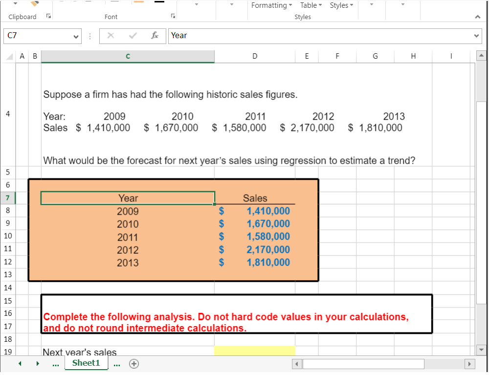  Calculate the forecast for next years sales using regression. Need answer