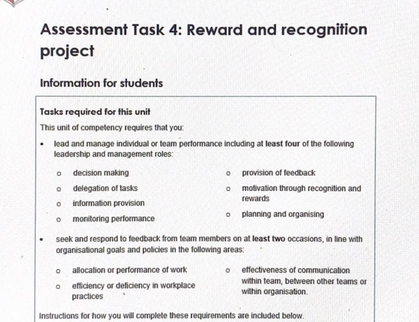  Assessment Task 4: Reward and recognition project Information for students Tasks