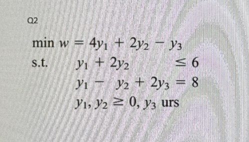  Q2 minw=4y1+2y2-y3 s.t.y1+2y26 ,y1-y2+2y3=8 ,y1,y20,y3 urs 