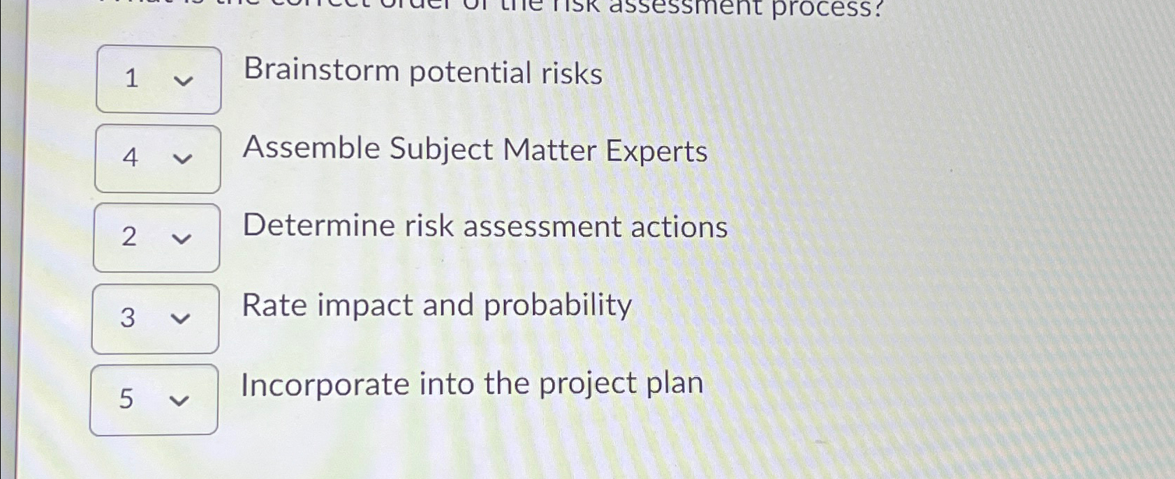  Brainstorm potential risks Assemble Subject Matter Experts Determine risk assessment actions