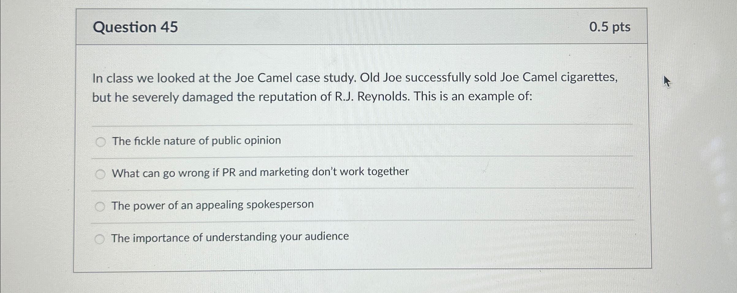  Question 45 0.5pts In class we looked at the Joe Camel