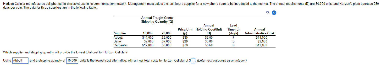  days per year. The data for three suppliers are in the